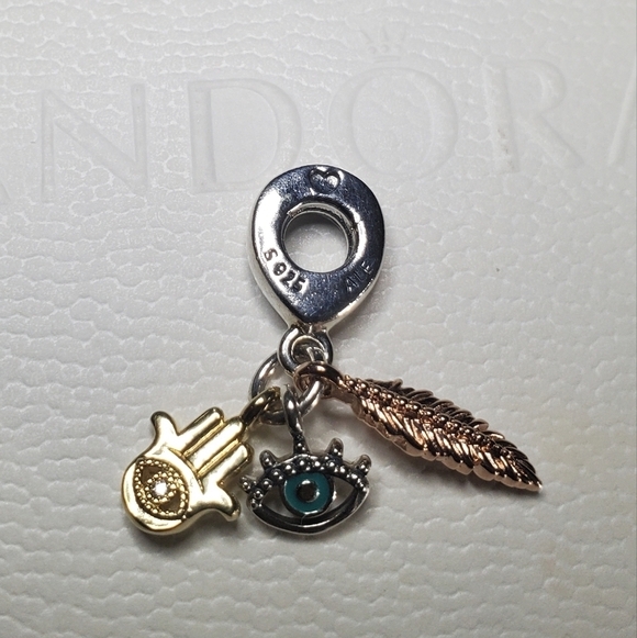Pandora Hamsa All-seeing Eye & Feather Spirituality Dangle - Picture 2 of 7